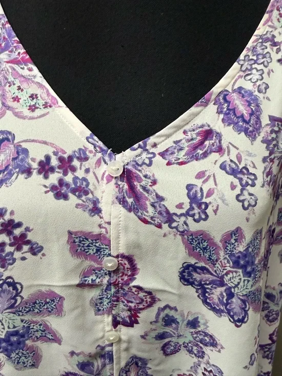 LOFT XL Purple White Floral Blouse Button Front Long Sleeve Boho Chic Top - Picture 3 of 9